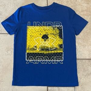Under Armour Boys Basketball Tee Blue w/ Yellow Graphic Hoop Athletic Youth SM